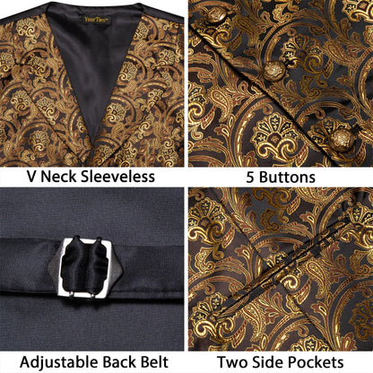 Men's Paisley Waistcoat Vest with Tie Hanky Cufflinks Set for Wedding and Banquet