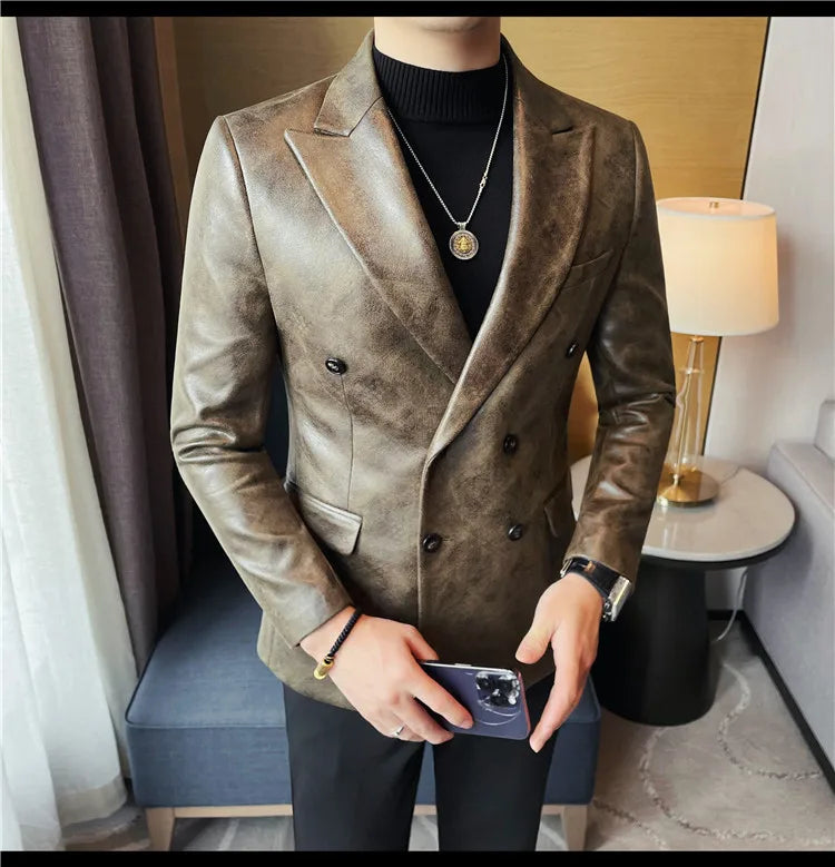 Retro Double Breasted Leather Jacket Mens High-end Fashion Slim Fit business Casual Suit Coat Formal Social Party Prom Tuxedos