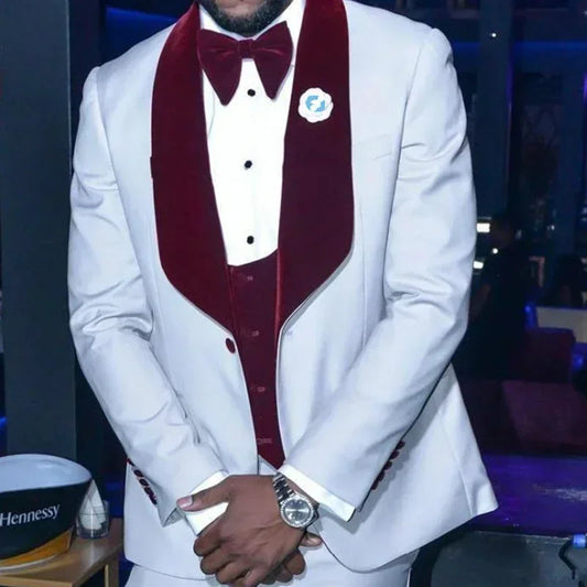 White Jacket Red Vest Elegant Men Suits Wedding Groom Tuxedo Prom Blazer Hombre High Quality Custom 3 Piece Set Costume Homme