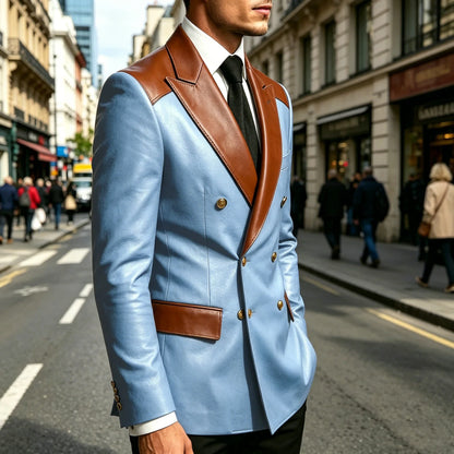 Luxury Men's Colorblock Leather Blazer Double Breasted Notched Lapel Business Casual Suit Jacket Fashion Formal Wear for Wedding