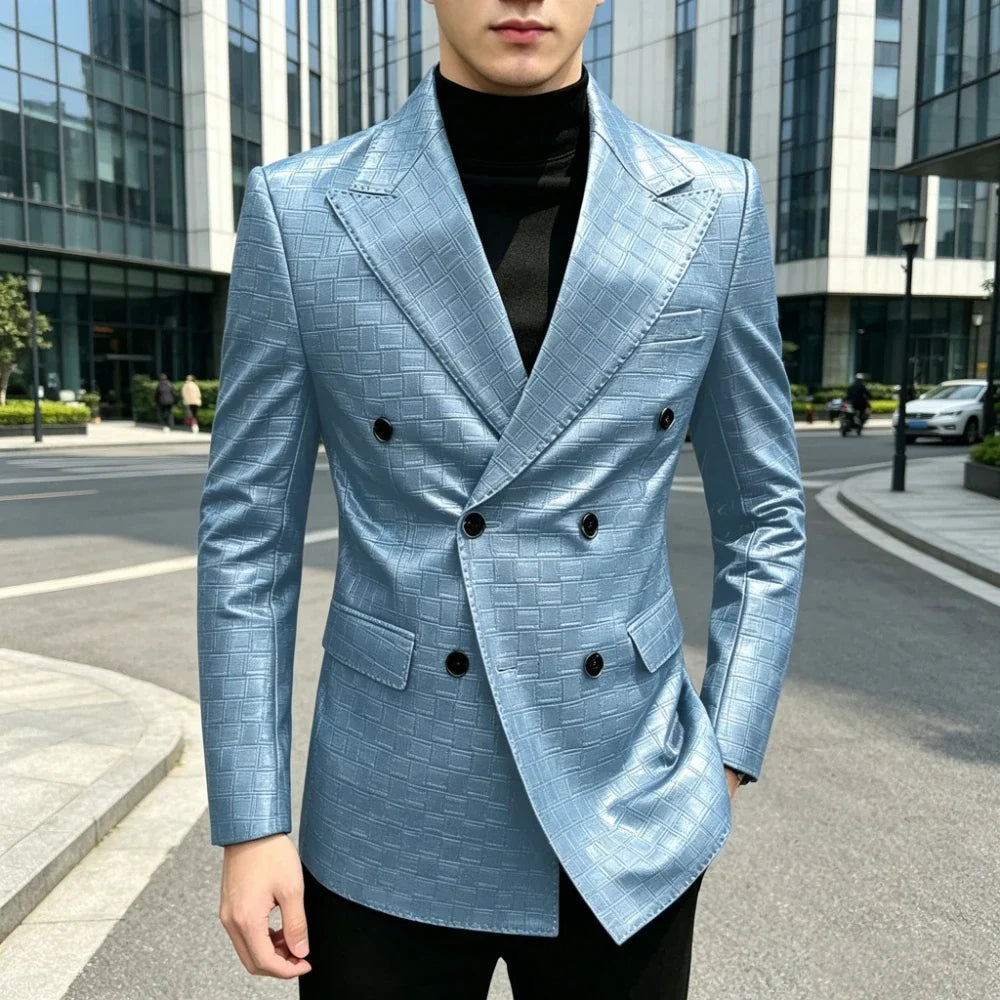 Men's Crocodile Leather Blazer Double Breasted Slim Fit Suit Jacket Formal Business Casual Sport Coat Wedding Party Streetwear