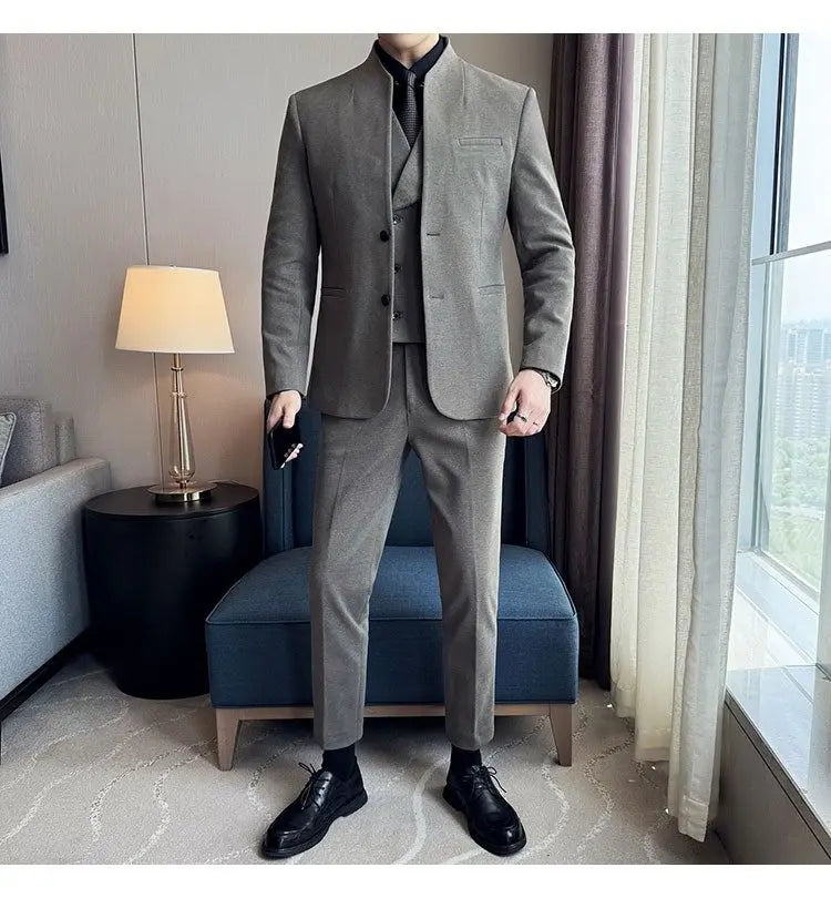 Men's 3-Piece Slim Fit Stand Collar Suit – Wedding, Prom & Office Formal Set