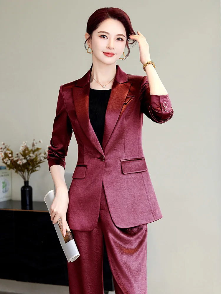 High Quality Women Purplish Red Pant Suit Female Solid Single Button Blazer and Trouser 2 Piece Set For Office Ladies Work Wear