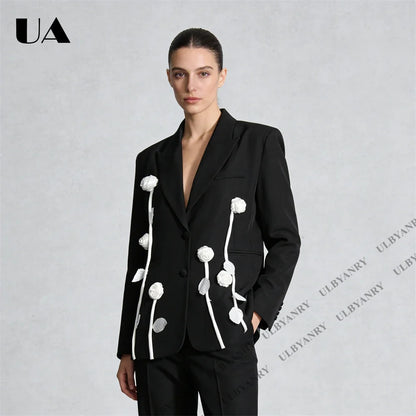 Unique Design Women’s Blazer – Black, 3D White Rose, Long Sleeve, Button Closure, Work Date Jacket Office Casual Jacket