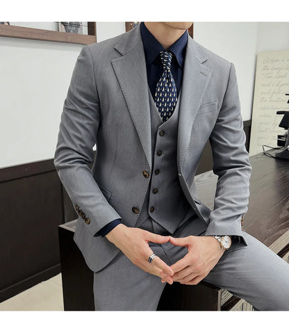 ( Jacket+Vest+Pants ) ltalian Style Luxury High-end Fashion Solid Color Mens Business Slim Suit 3Piece Set Groom Wedding Tuxedo