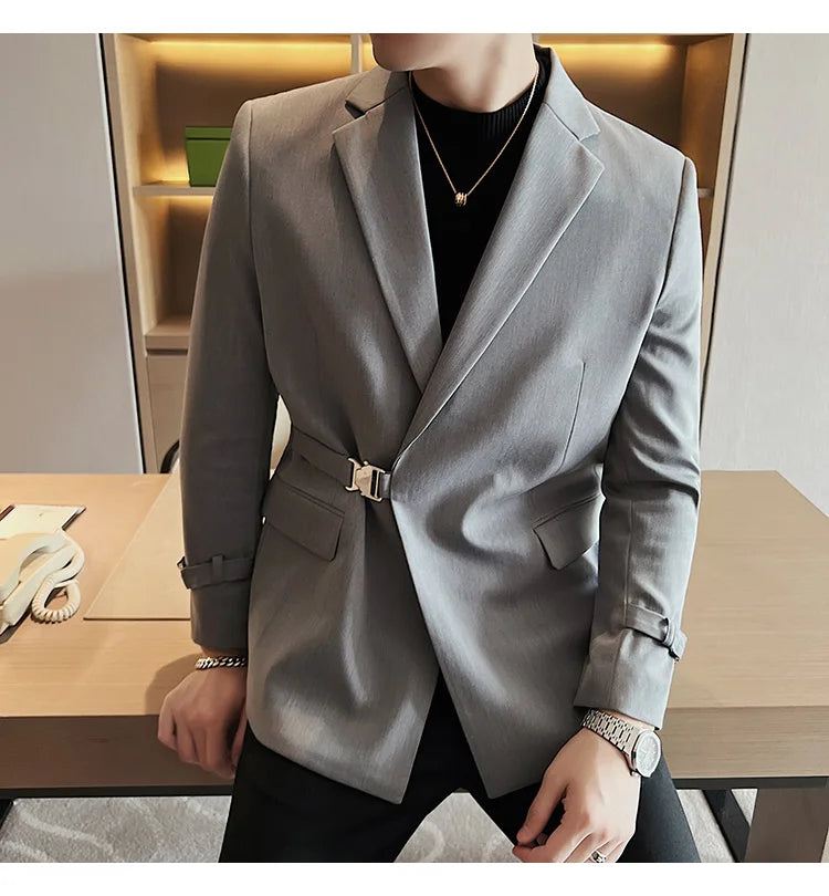 Men's Slim Fit Blazer Metal Buckle Decoration Smart Casual Wedding Party Jacket