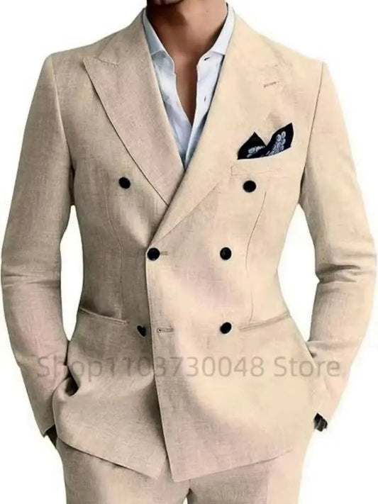 Men's Casual 2-Piece Beige/Blue Linen Suit with Peak Lapel Slim Fit Blazer Pants for Summer Beach Wedding Prom Daily Wear Outfit