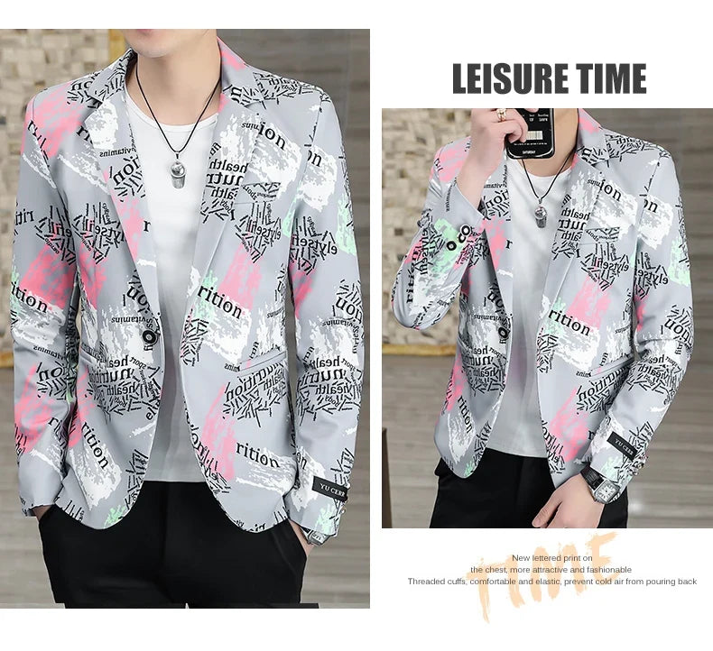 2022 New Fashion Print Suit Jacket Men's Slim Fit Casual Blazers Streetwear Social Club Prom Formal Party Suit Coats Hommes