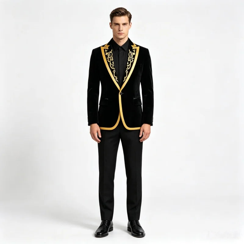 Men's Black Velvet Embroidery Formal Blazers Slim Fit Single Button Suit Jacket Singer Host Stage Banquet Prom Tuxedo Costume