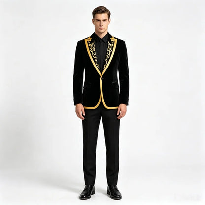 Men's Black Velvet Embroidery Formal Blazers Slim Fit Single Button Suit Jacket Singer Host Stage Banquet Prom Tuxedo Costume
