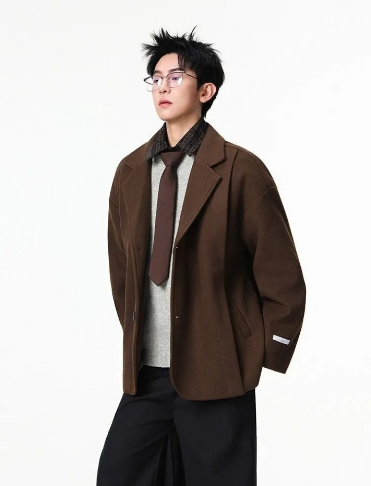 Men's British Style Brown Wool Blend Blazer Korean Loose Lapel Chic Autumn Fashion Suit Jacket