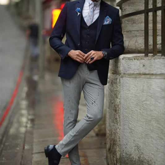 Elegant Men's Suits Navy Blue Notch Lapel Jacket With Vest Gray Pants Custom Made Wedding Formal Wear 3 Pieces Trajes De Hombre