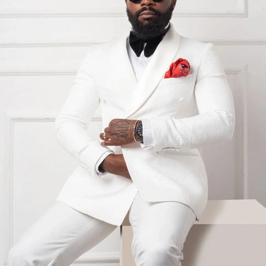 Men Suit White 2 Pieces Floral Pattern Double Button Lapel For Wedding Birthday Banquet Party Business Work Office Jacket Pants