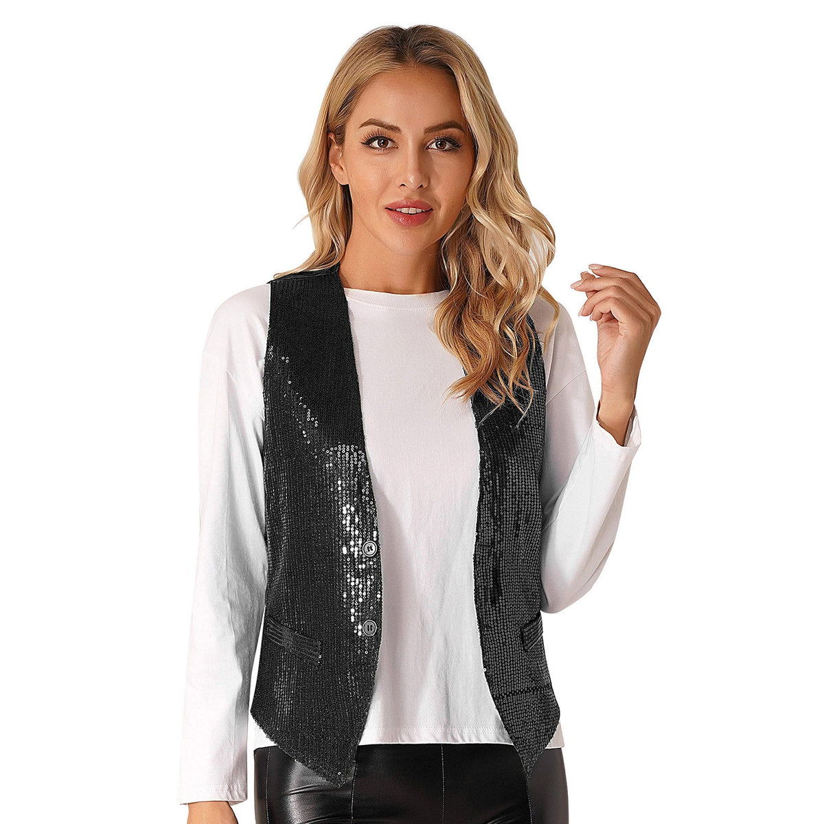 Fashion Women Sleeveless Vests Glittery Sequins Vest Music Festival Clubwear Waistcoat for Jazz Dancing Party Club Costumes