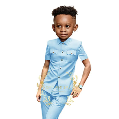 Boys Suit Black 2 Pieces Short Sleeve Party Tuxedo Formal Wedding Kids Clothes Indian Style Blazer Pants 2-16 Years Old