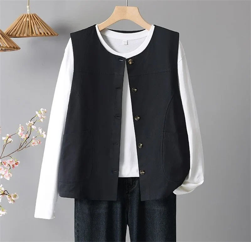 Spring Femme Fashion Vest Outwear Retro Ladies Solid Color Casual Sleeveless Jacket Autumn Women Round Neck Loose Waistcoat Coat