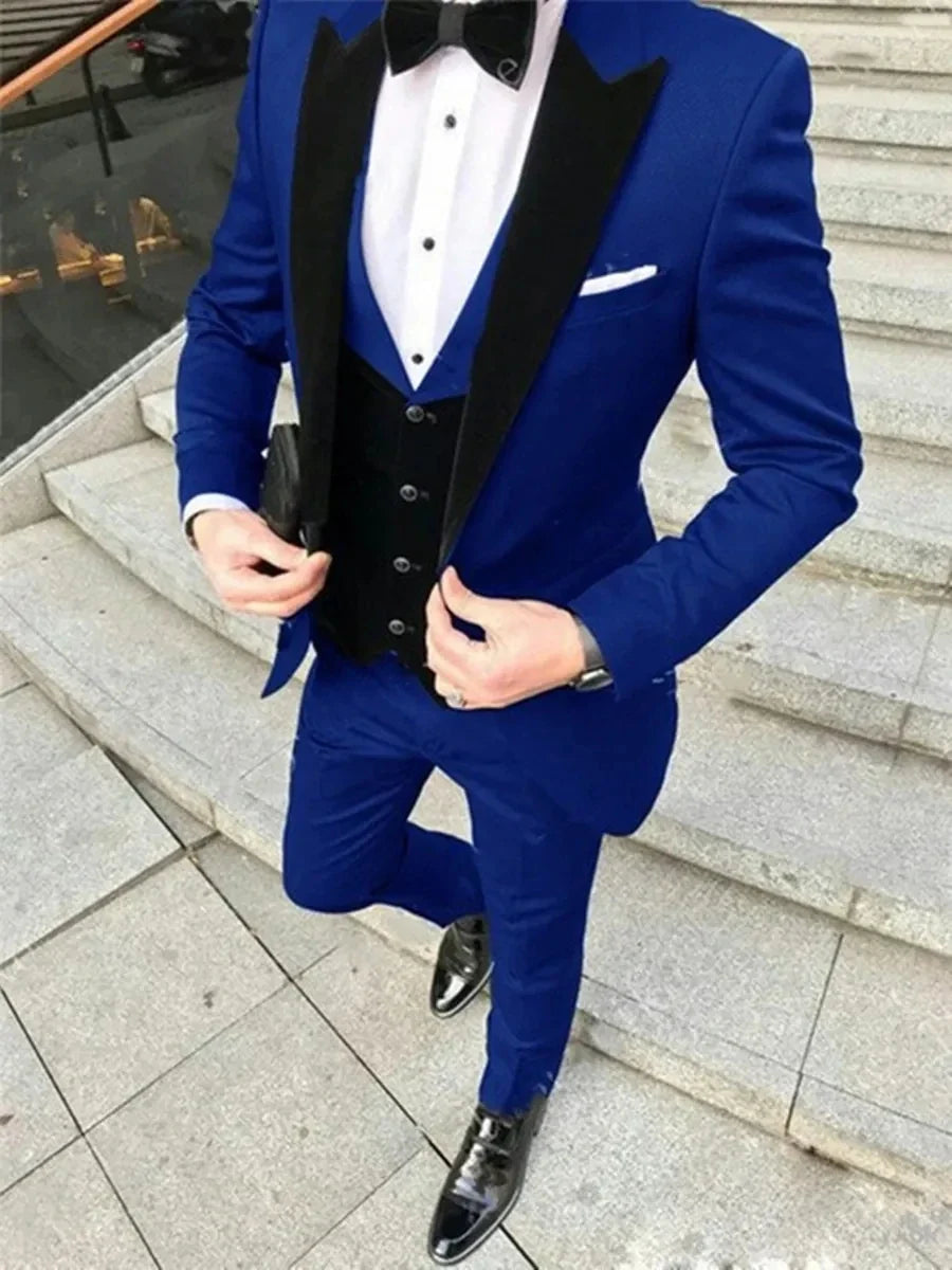 Royal Blue Blazer Pants Black Vest Business Suits Causal Suits Groom Tuxedos For Wedding Terno Masculino Costume Homme 3pcs