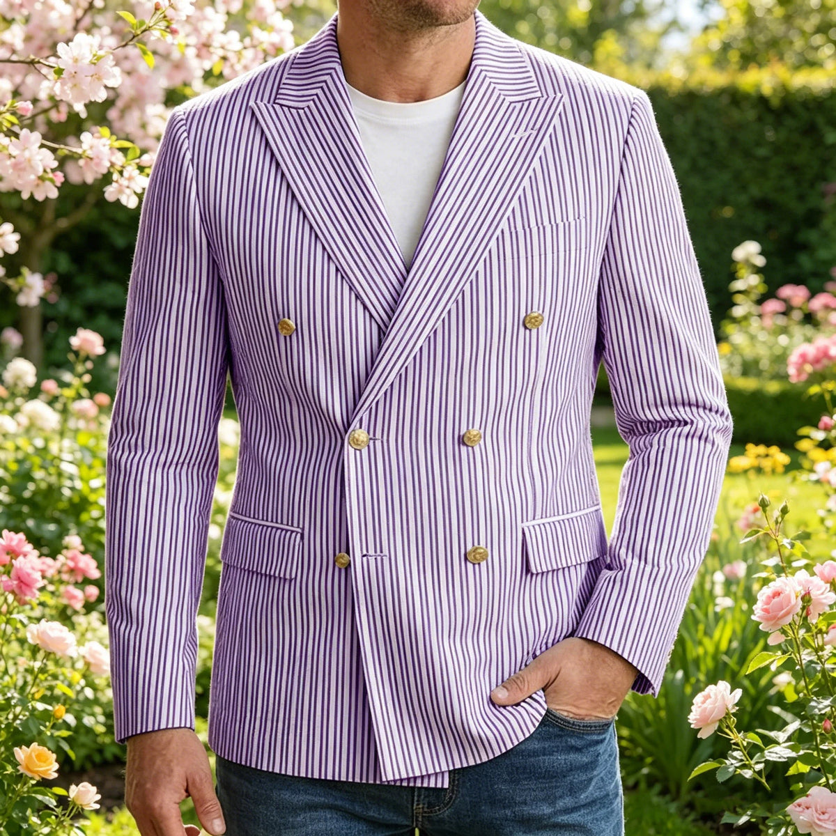 Vintage Men's Striped Double Breasted Blazer Casual Business Suit Jacket Lightweight Notched Lapel Sport Coat Wedding Party Wear