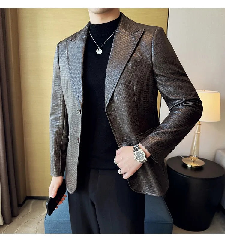 Korean Waffle Leather Suit Jacket Men's Business Casual PU Leather Blazer Slim Fit Wedding Groom Office Social Formal Coats 2026
