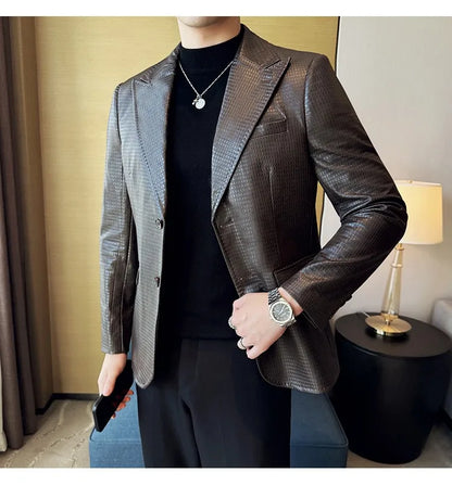 Korean Waffle Leather Suit Jacket Men's Business Casual PU Leather Blazer Slim Fit Wedding Groom Office Social Formal Coats 2026