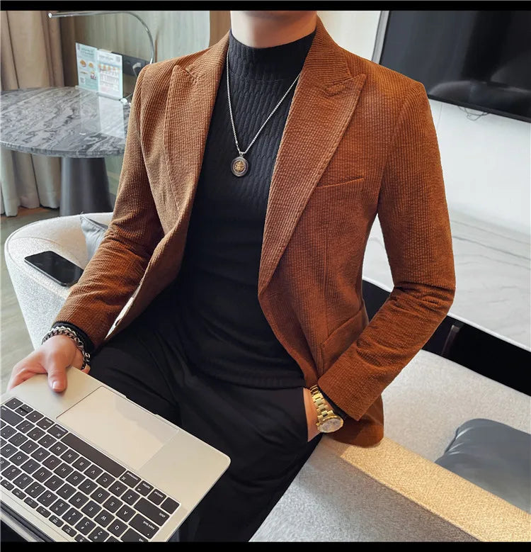 Men's Smart Casual Single Breasted Blazer – Spring Autumn Jacket in Green, Black & Coffee