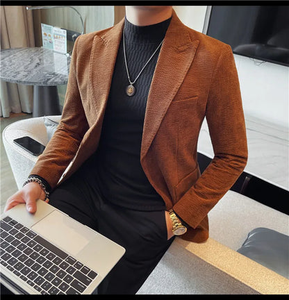 Men's Smart Casual Single Breasted Blazer – Spring Autumn Jacket in Green, Black & Coffee
