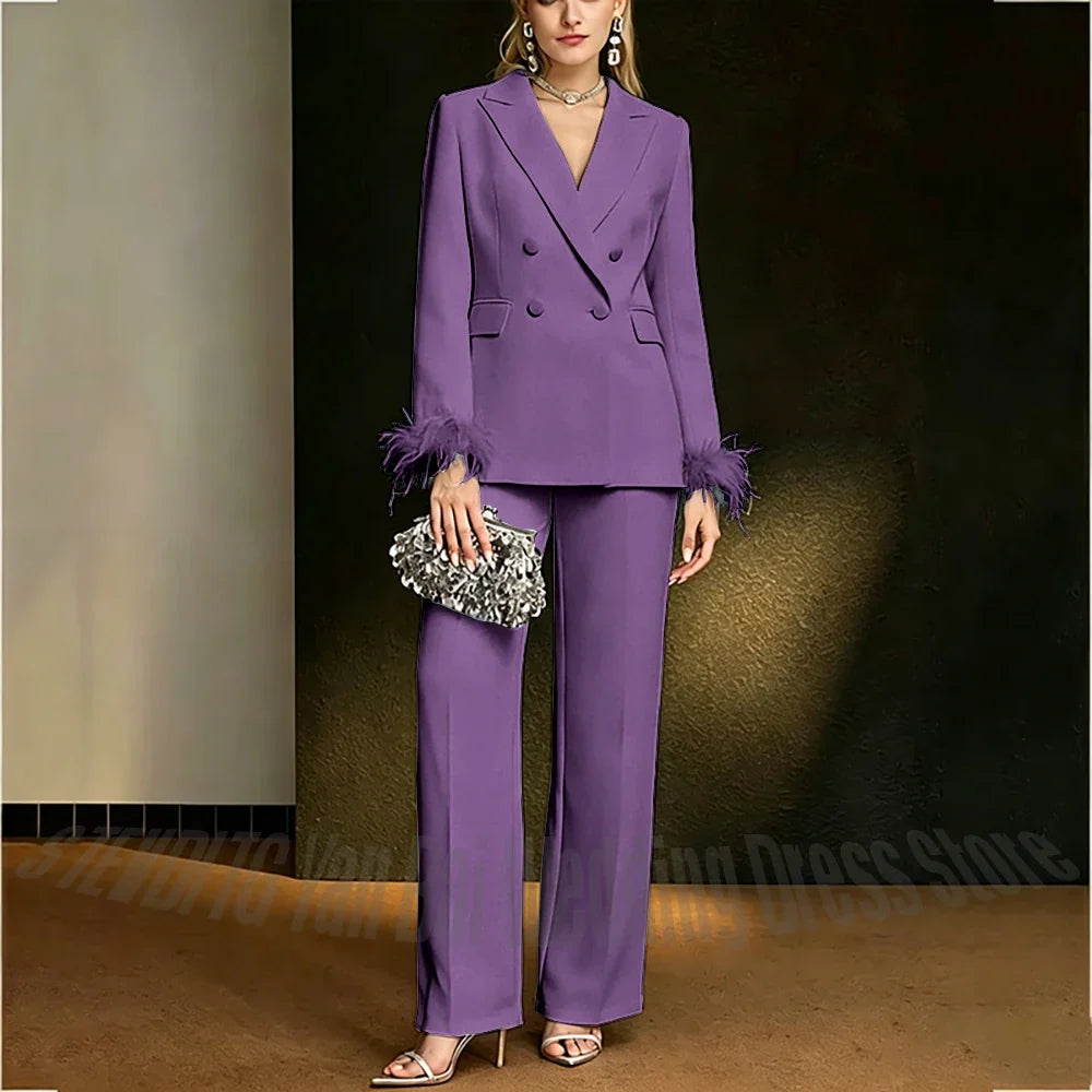 Luxury White Feather Women's Suit Elegant Classic Double Breasted Jacket Pants Formal Evening Party Wedding Guest Outfit