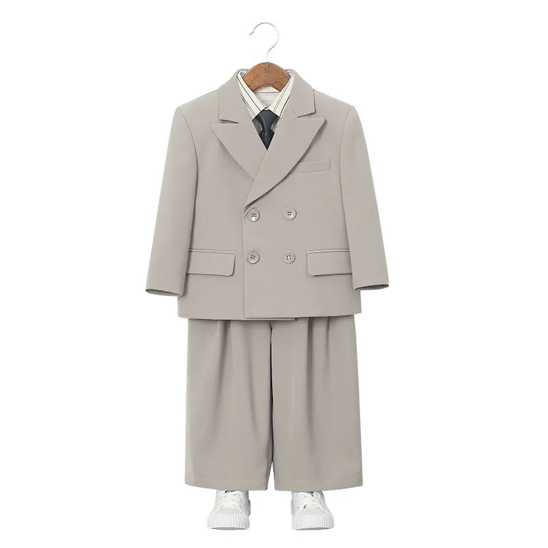 School Boys Double Breasted Blazer Suit Set with Wide Leg Pants Formal Streetwear Outfit for Kids Toddlers Wedding Birthday Part