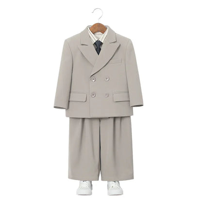 School Boys Double Breasted Blazer Suit Set with Wide Leg Pants Formal Streetwear Outfit for Kids Toddlers Wedding Birthday Part