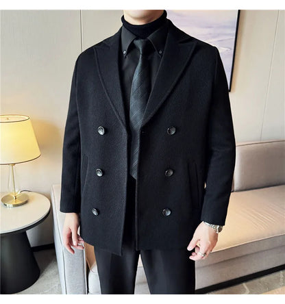 British Style Winter Double Breasted Woolen Suit Jackets Men Thick Warm Wedding Business Blazers Solid Color Casual Dress Coat