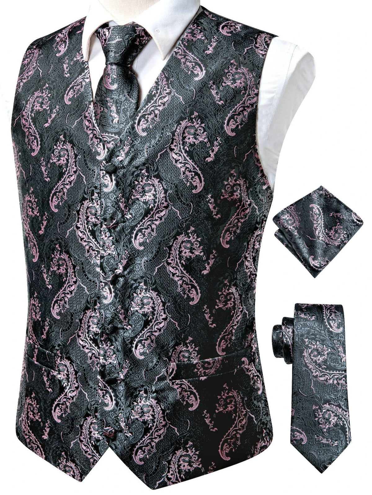 Men's Jacquard Vest 3-Piece Set – Satin Formal Waistcoat with Tie & Pocket Square for Weddings