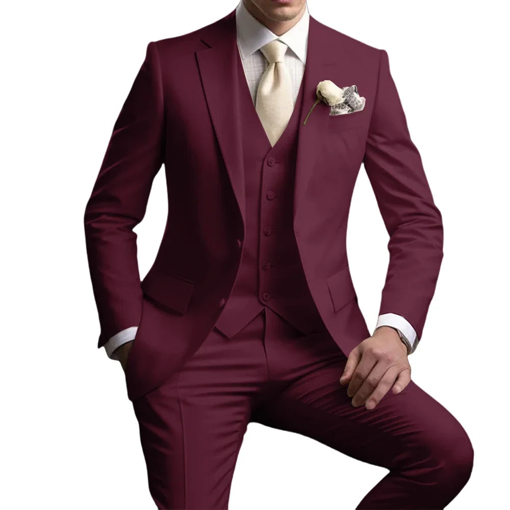 Men's Notched Lapel Suit Set 3 Pieces Wedding Groom Sets Autumn Long Sleeve Tuxedo For Men Banquet Party Outfit Dancing Wear
