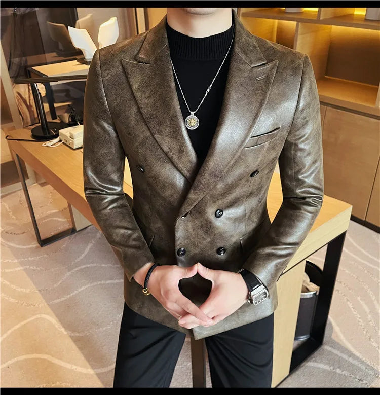 Brand Retro Leather Suit Jacket Men British Style Double Breasted Casual Business Blazers Wedding Groom Party Banquet Jackets