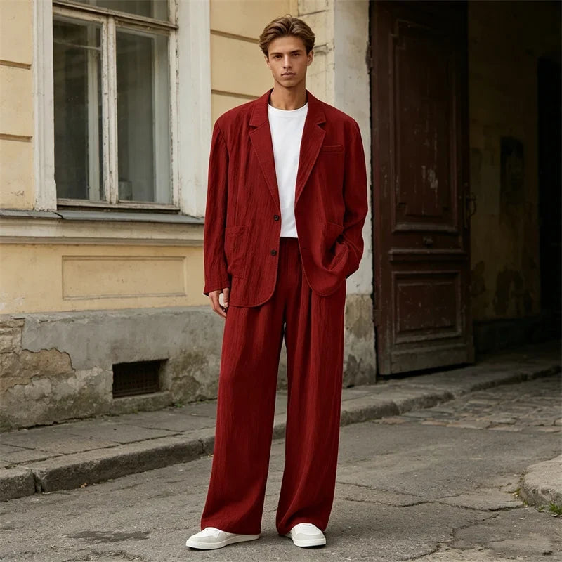 Men's Linen Blend Wrinkled Two Piece Suit Loose Two Button Blazer Wide Leg Trousers Casual Vacation Daily Soft Breathable Outfit