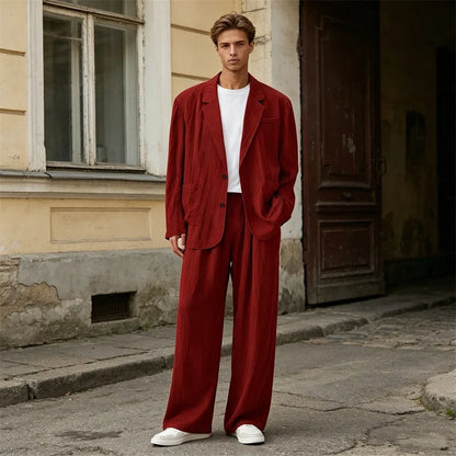 Men's Linen Blend Wrinkled Two Piece Suit Loose Two Button Blazer Wide Leg Trousers Casual Vacation Daily Soft Breathable Outfit