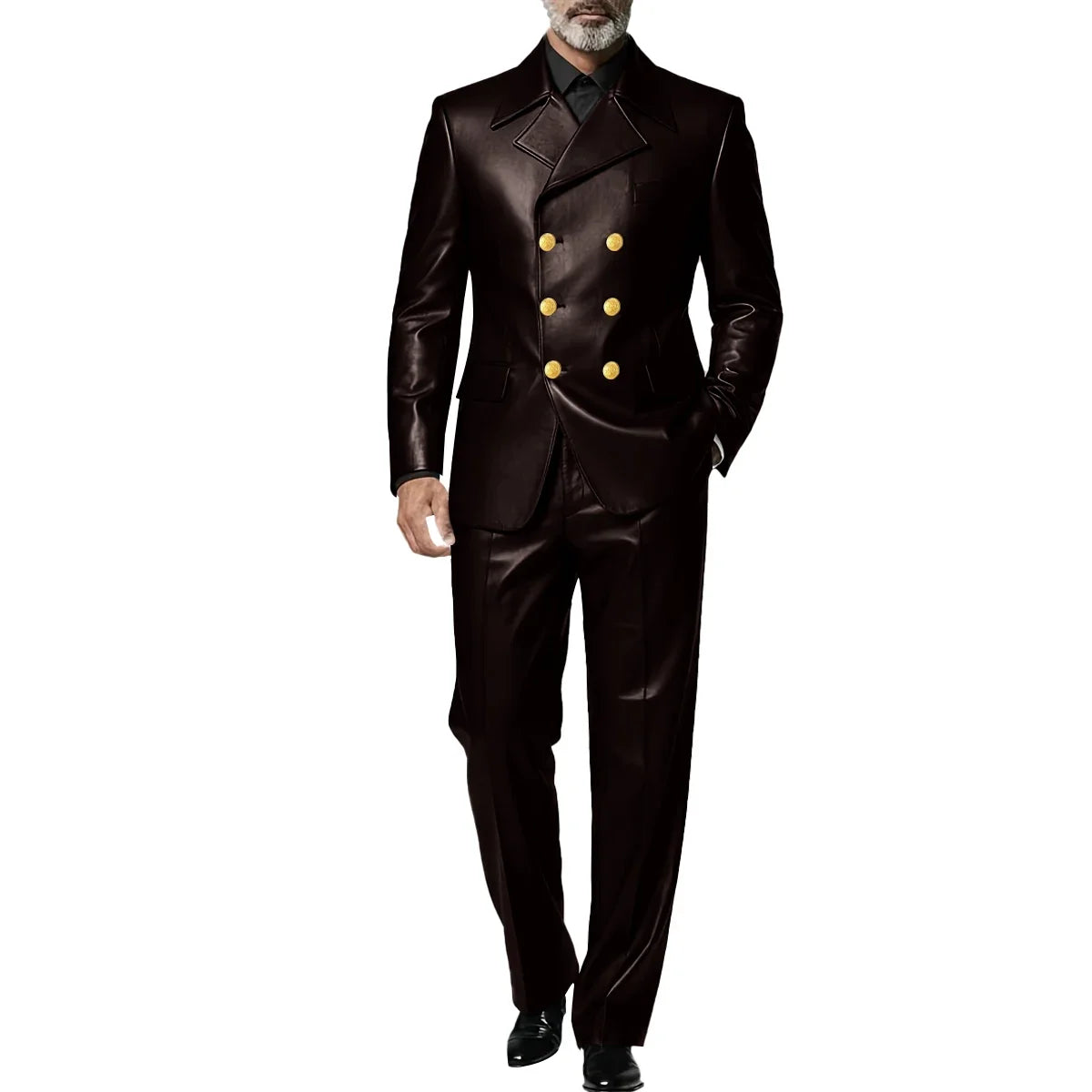 Men's Leather 2 Piece Suit Retro Double Breasted Peak Lapel Slim Fit Blazer Straight Leg Pants Formal Set Business Casual Weddin