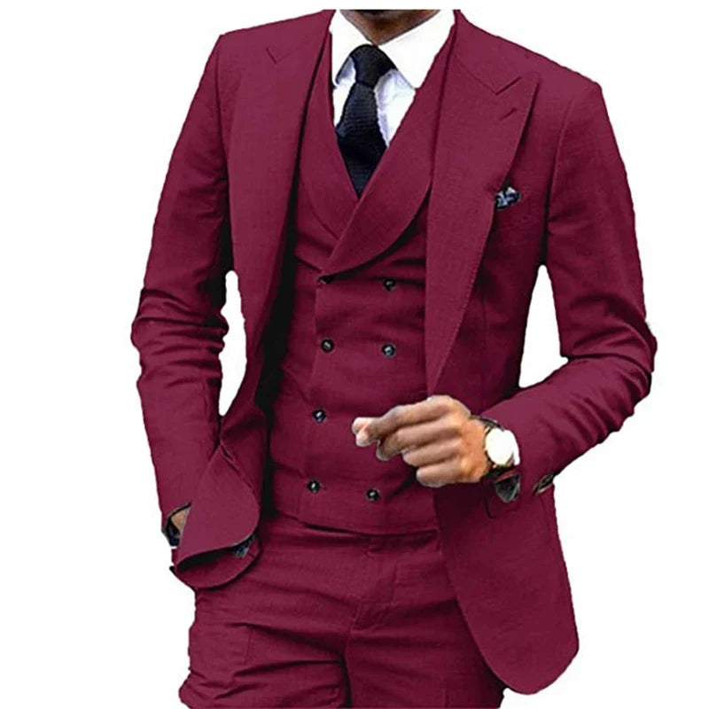 Costume de Lin 3 Pièces Blazer Gilet et Pantalon Ensemble de Smoking Ajusté pour Garçons d'Honneur Robes de Soirée Élégantes Gilet Style Rétro avec Col en V