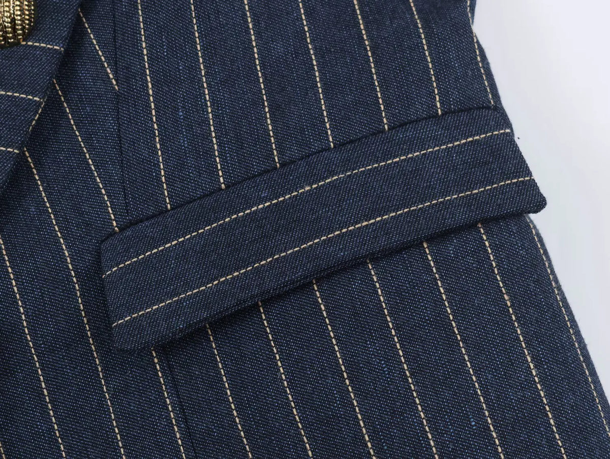 2026 Fashion Women's  Navy Pinstripe Blazer Autumn Elegant Female Long Sleeves Button Military Style Slim Suit Jacket