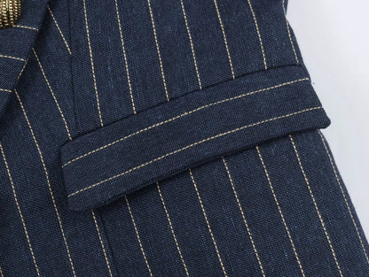 2026 Fashion Women's  Navy Pinstripe Blazer Autumn Elegant Female Long Sleeves Button Military Style Slim Suit Jacket
