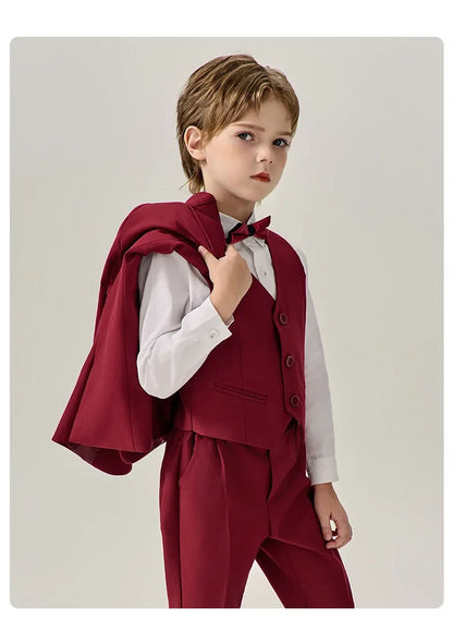 Boys Dark Green Jakcet Vest Pants Bowtie Evening Party Dress Children Wedding Photograph Suit Kids Ceremony Performance Costume