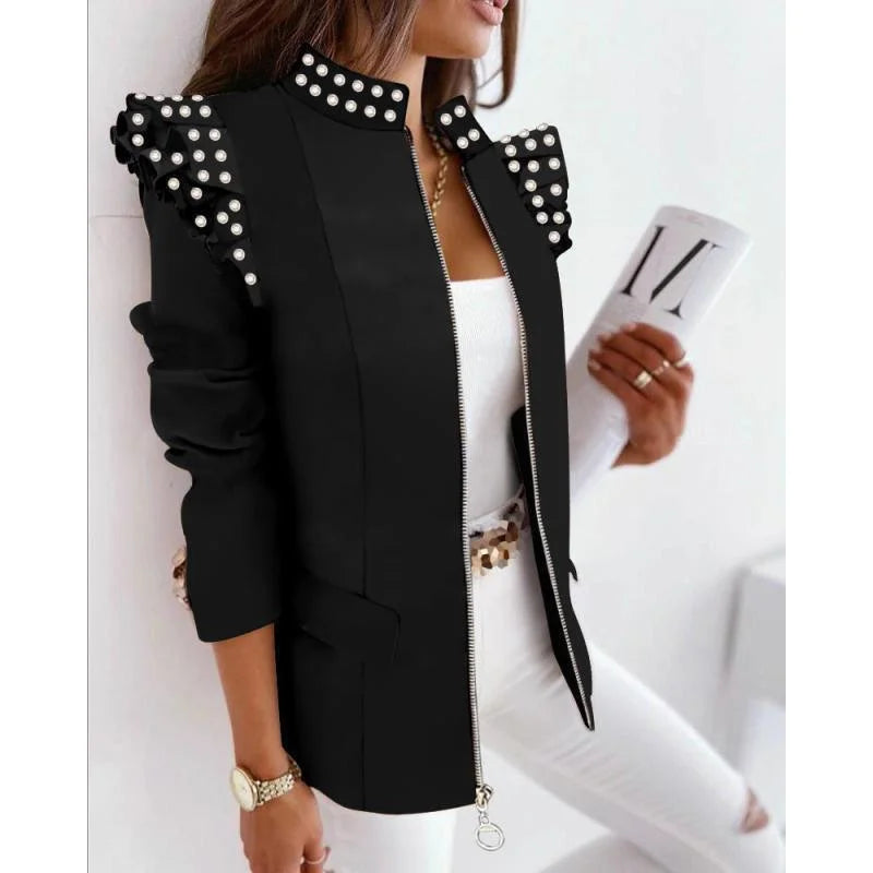 Autumn Winter Long Sleeve Print Blouse Women's Slim Fit Suit Jacket with Lace Hem Zipper Closure Fashionable Elegant Style