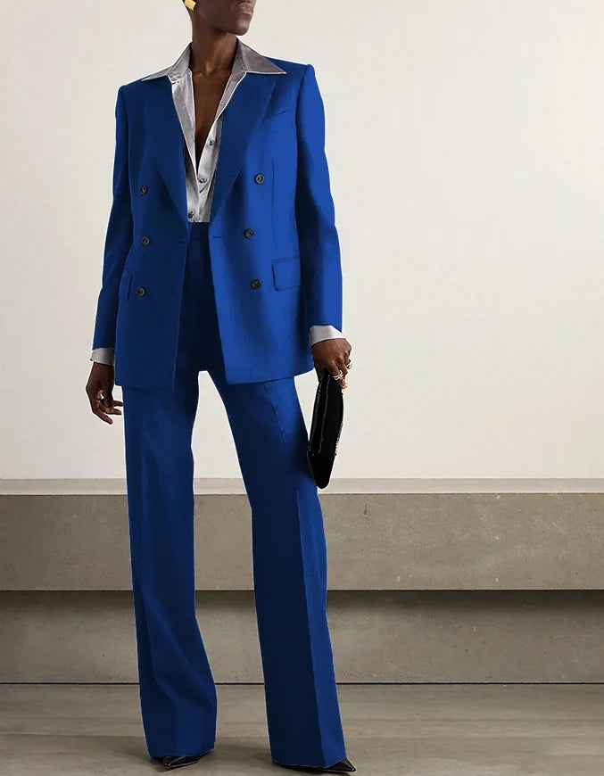 Fashion Grey Double Breasted Women Pants Set High-end Female Two Pieces(Jacket+Trousers)أطقم بناطيل