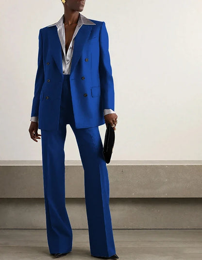Fashion Grey Double Breasted Women Pants Set High-end Female Two Pieces(Jacket+Trousers)أطقم بناطيل