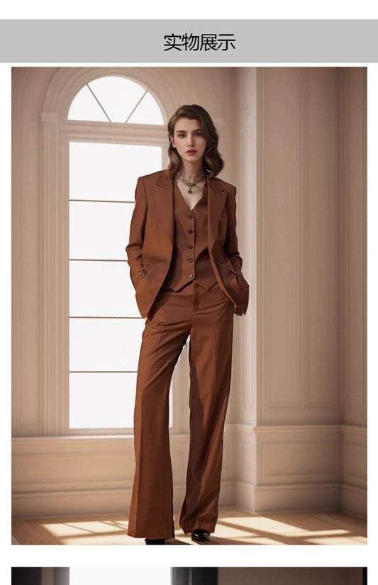 Women's Brown 3 Pcs Suit Lady Pant Suit Set Custom Formal Female Outfits Prom Dress Business Office Suit (Jacket+Vest+Pants)
