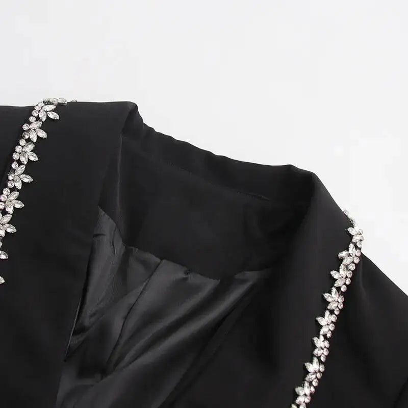 Women Blazer Studded Diamonds Patchwork Cuff Feather Single Button Slim Fit Elegant Jacket High-End Coat New Spring HK11098