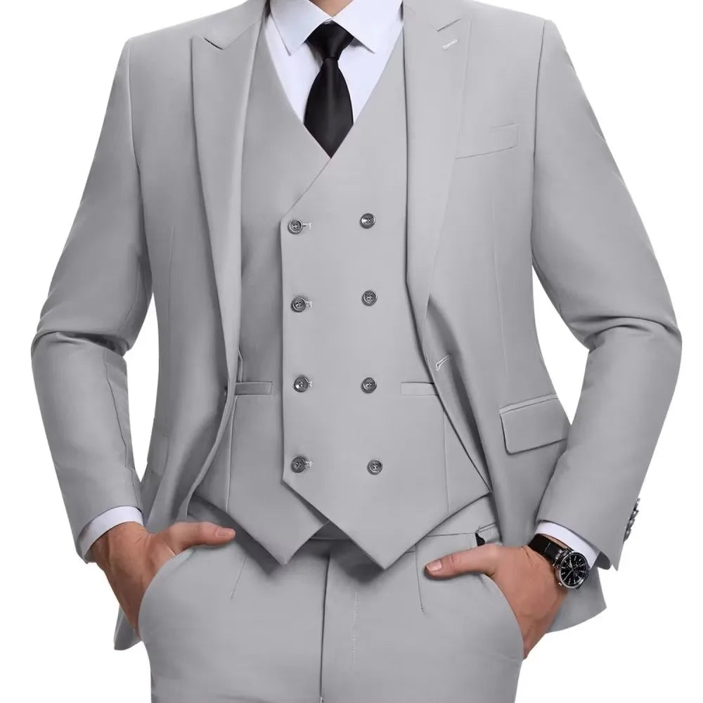 Men's Linen 3-Piece Slim Fit Suit – Blue & Beige | Peak Lapel