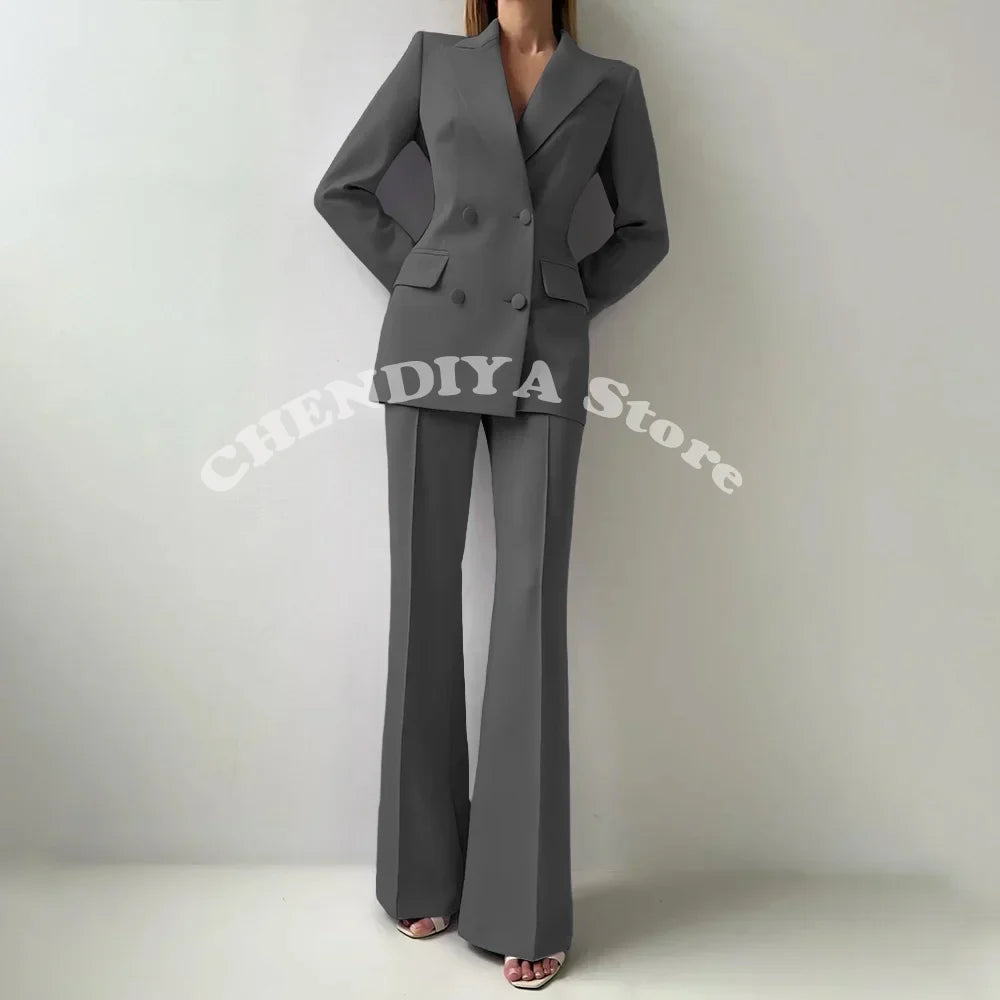 Women Suits Sets 2 Piece Elegant Peak Lapel Double Breasted Outfits Fashion Daily Casual Chic Female Suit (Jacket+Pants)