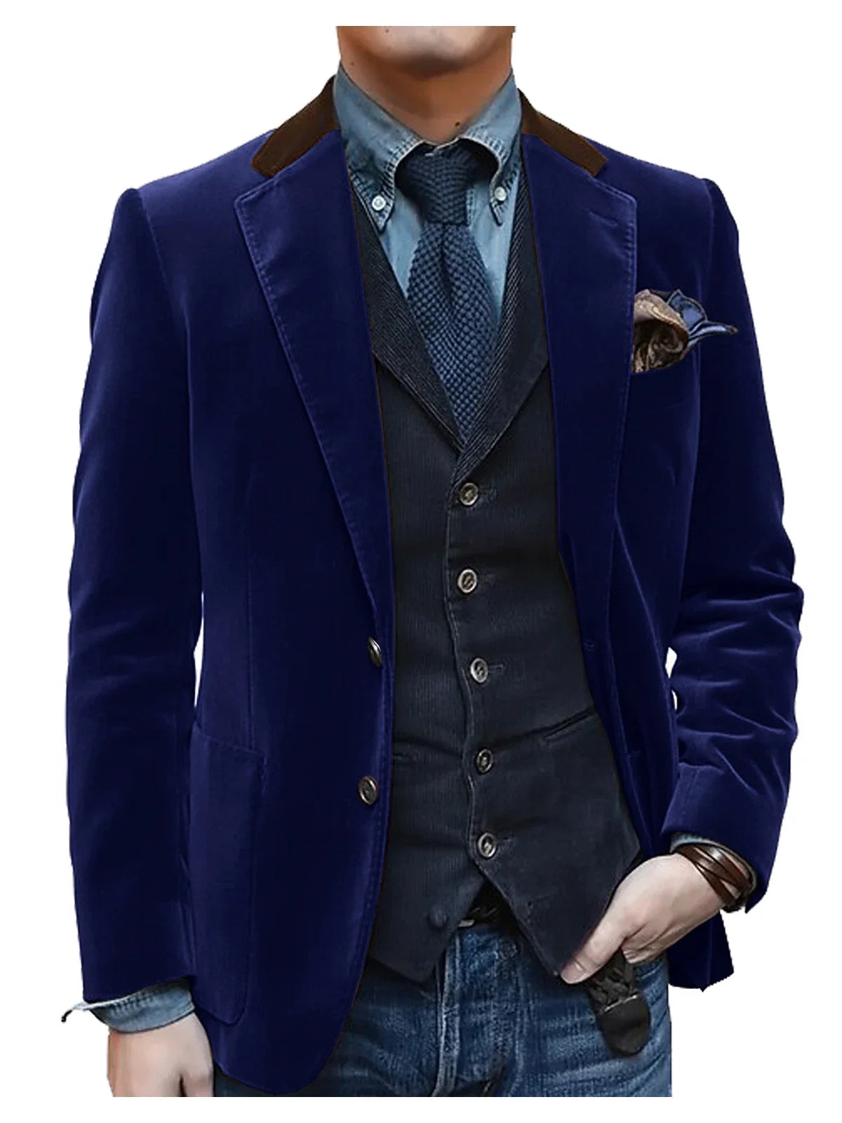Men Velvet Blazer Contrast Brown Lapel Single Breasted Flap Pockets Smart Casual Business Streetwear Formal Outerwear