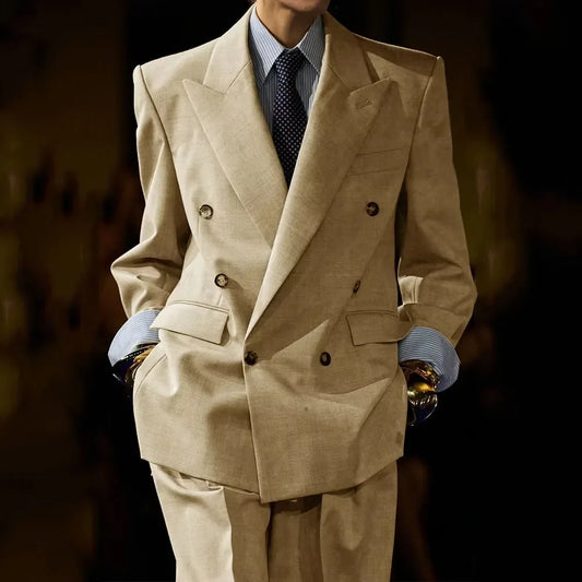 Men's Linen Suit Set Double Breasted 2-Piece Peak Lapel Classic Business Formal