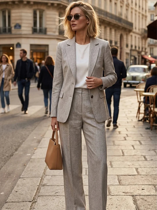 Stylish OL Style Pant Sets Women New Matching Sets Linen Blazer with Shoulder Pads and Flap Pockets + High-waisted Pleated Pants